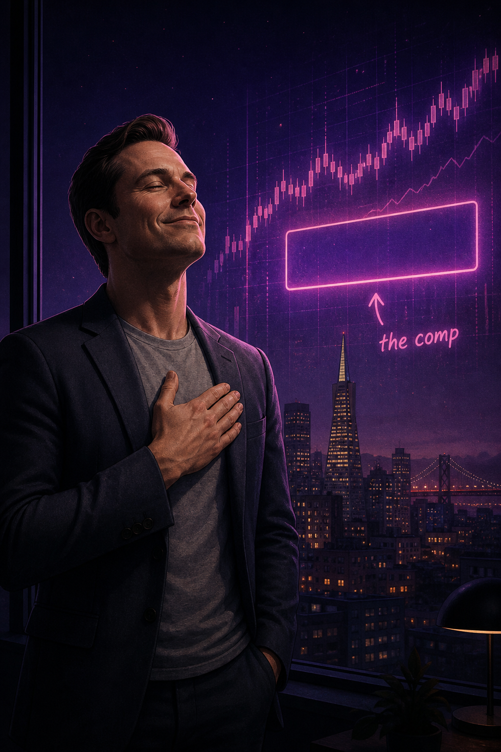 Illustration: man in blazer and t-shirt at a floor-to-ceiling window at night, hand on chest, eyes closed, smiling serenely; behind him a neon holographic stock chart over the San Francisco skyline with an empty ticker box labeled the comp